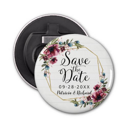 Rustic Chic Burgundy Floral Wedding Save The Date  Bottle Opener