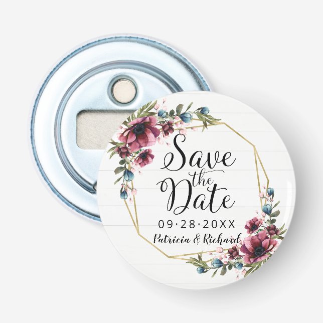 Rustic Chic Burgundy Floral Wedding Save The Date  Bottle Opener (Front)