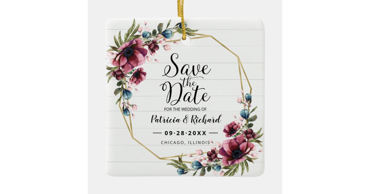 Rustic Chic Burgundy Floral Wedding Save The Date Ceramic Ornament | Zazzle
