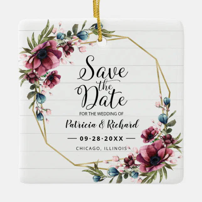 Rustic Chic Burgundy Floral Wedding Save The Date Ceramic Ornament | Zazzle