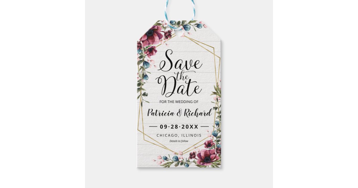 Rustic Chic Burgundy Floral Wedding Save The Date Gift Tags | Zazzle