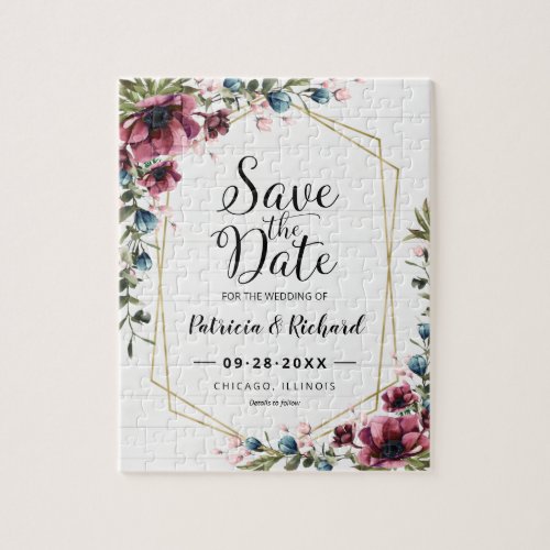 Rustic Chic Burgundy Floral Wedding Save The Date Jigsaw Puzzle