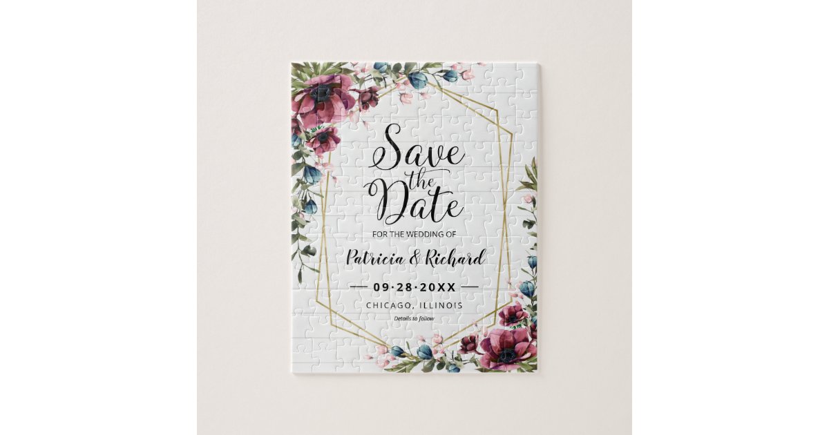 Rustic Chic Burgundy Floral Wedding Save The Date Jigsaw Puzzle | Zazzle