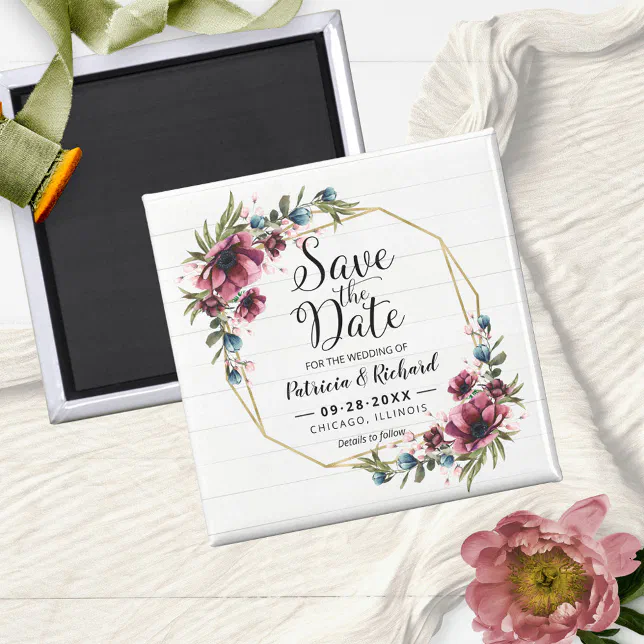 Rustic Chic Burgundy Floral Wedding Save The Date Magnet | Zazzle