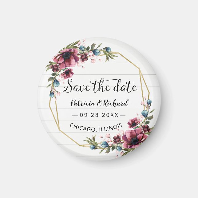 Rustic Chic Burgundy Floral Wedding Save The Date Magnet (Front)
