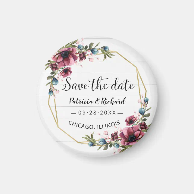 Rustic Chic Burgundy Floral Wedding Save The Date Magnet | Zazzle