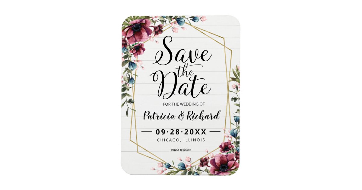 Rustic Chic Burgundy Floral Wedding Save The Date Magnet | Zazzle