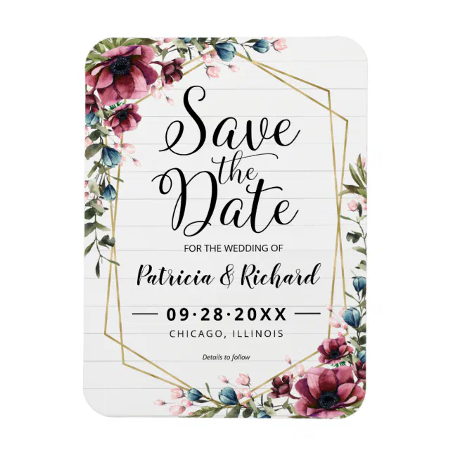 Rustic Chic Burgundy Floral Wedding Save The Date Magnet | Zazzle