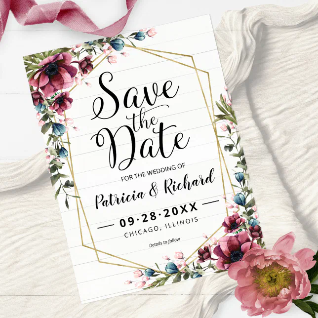 Rustic Chic Burgundy Floral Wedding Save The Date Postcard | Zazzle