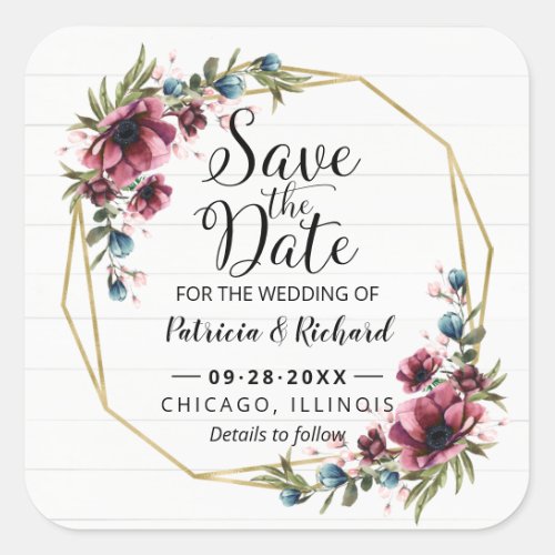 Rustic Chic Burgundy Floral Wedding Save The Date Square Sticker