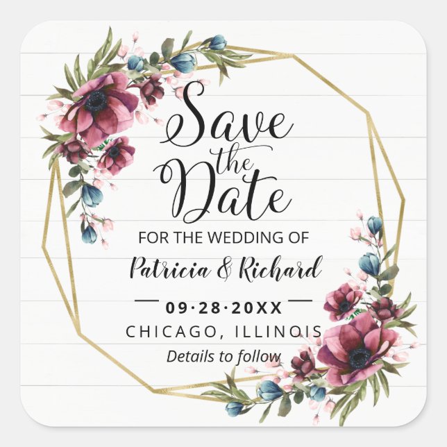 Rustic Chic Burgundy Floral Wedding Save The Date Square Sticker (Front)