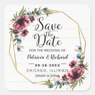 Rustic Chic Burgundy Floral Wedding Save The Date Square Sticker