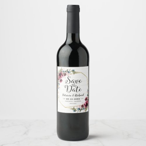 Rustic Chic Burgundy Floral Wedding Save The Date Wine Label