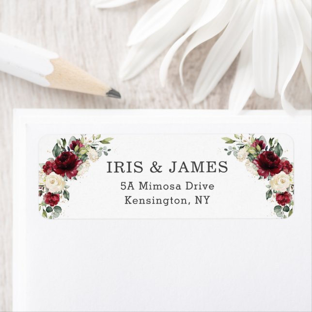 Rustic Chic Burgundy Ivory White Floral Wedding Label (Insitu)