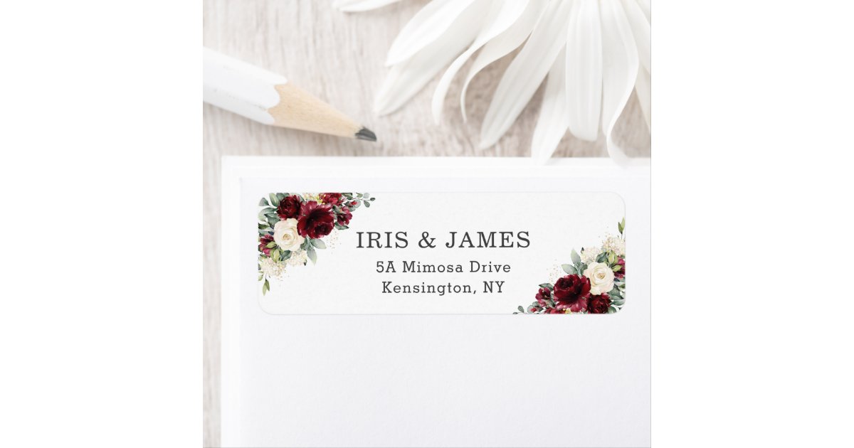 Rustic Chic Burgundy Ivory White Floral Wedding Label | Zazzle