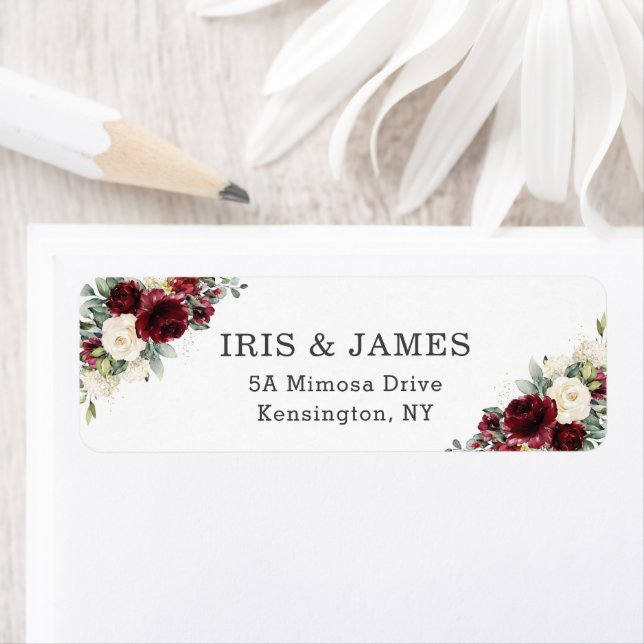 Rustic Chic Burgundy Ivory White Floral Wedding Label (Insitu)