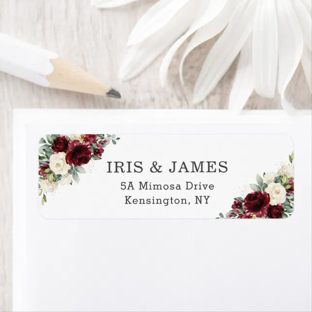 Rustic Chic Burgundy Ivory White Floral Wedding Label | Zazzle