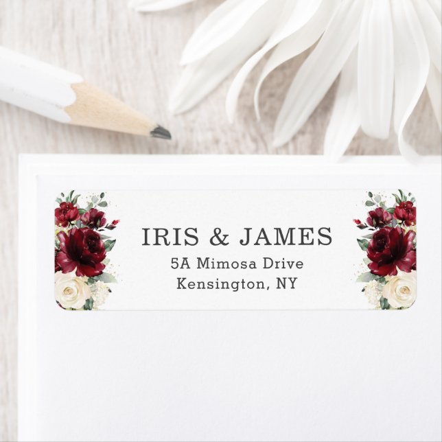Rustic Chic Burgundy Ivory White Floral Wedding Label (Insitu)