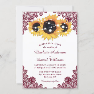 Rustic Chic Burgundy Lace Sunflower Wedding Invitation