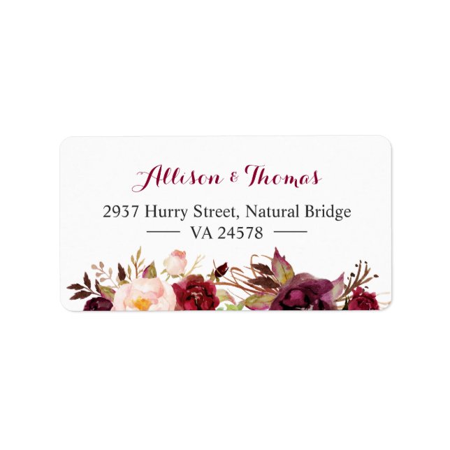 Rustic Chic Burgundy Marsala Red Floral Wedding Label (Front)