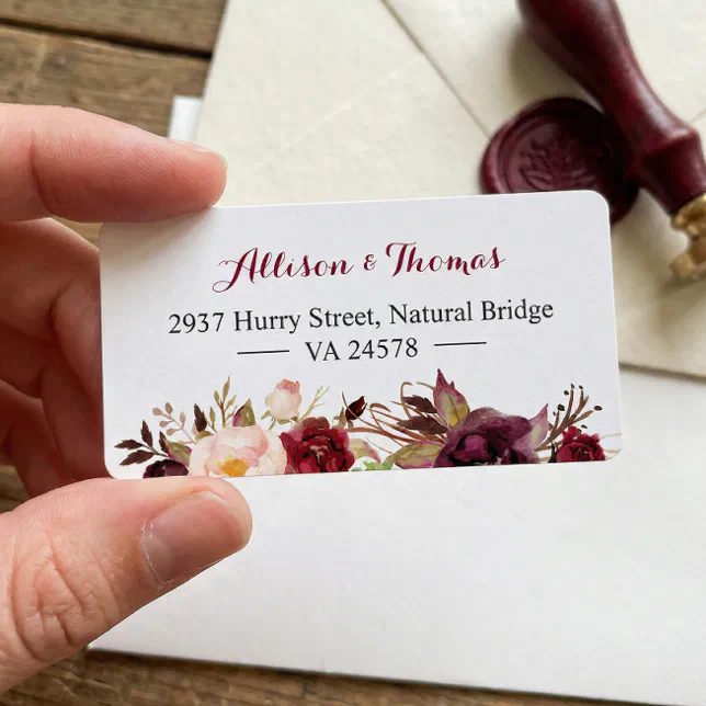 Rustic Chic Burgundy Marsala Red Floral Wedding Label | Zazzle