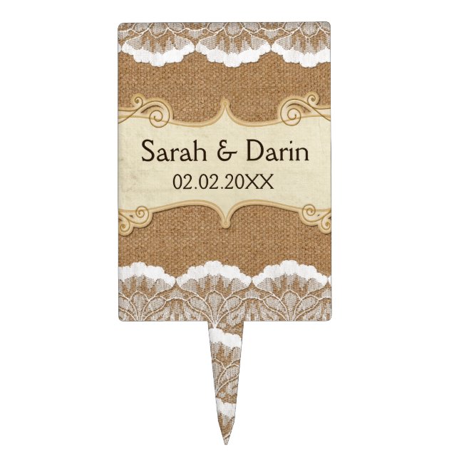 Rustic Chic burlap and lace country wedding Cake Topper (Front)