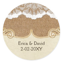 Rustic Chic burlap and lace country wedding Classic Round Sticker