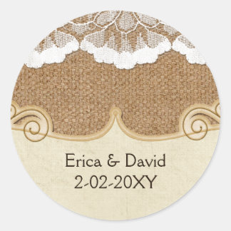 Rustic Chic burlap and lace country wedding Classic Round Sticker