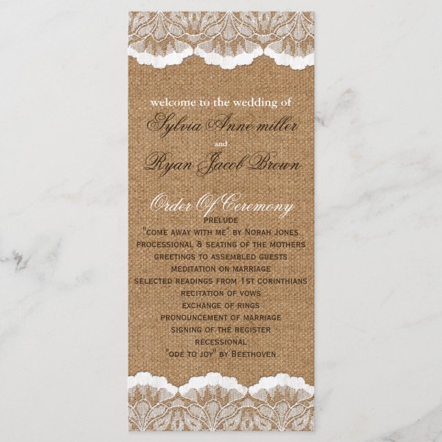 Rustic Chic burlap and lace country wedding Program (Front)
