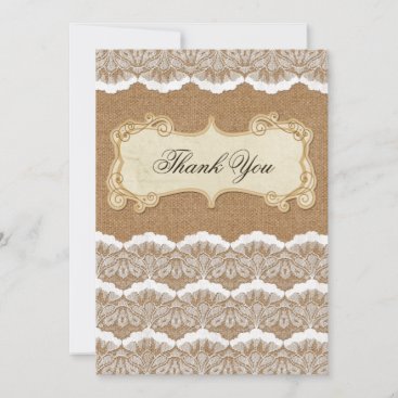 Rustic Chic burlap and lace country wedding Thank You Card