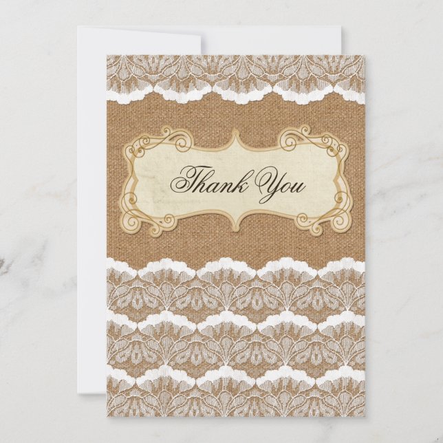Rustic Chic burlap and lace country wedding Thank You Card (Front)