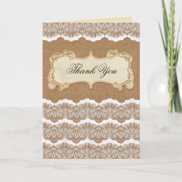 Rustic Chic burlap and lace country wedding Thank You Card