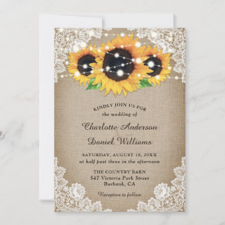 Rustic Chic Burlap and Lace Sunflower Wedding Invitation