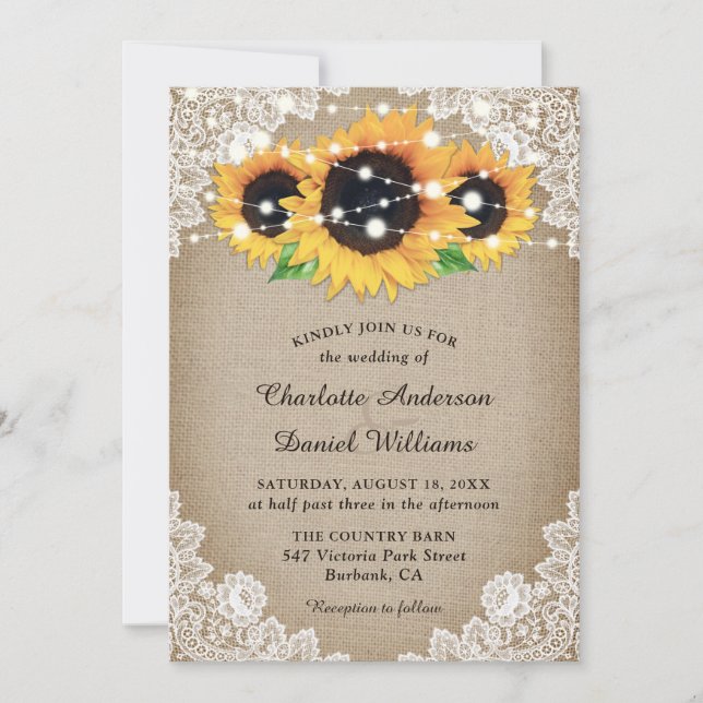 Rustic Chic Burlap and Lace Sunflower Wedding Invitation (Front)