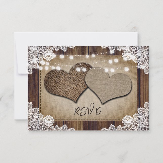 Rustic Chic Burlap Hearts Wedding RSVP Meal Choice (Front)