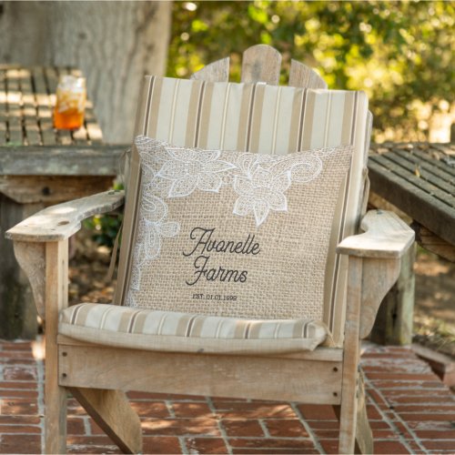 Rustic Chic Burlap  Lace Personalized Outdoor Pillow
