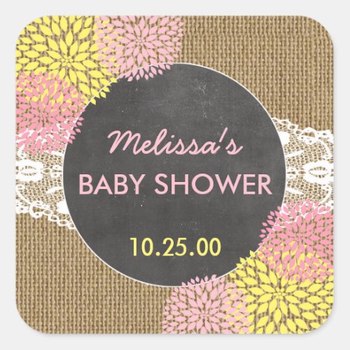 Rustic Chic burlap pink yellow baby shower favor Square Sticker