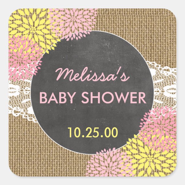Rustic Chic burlap pink yellow baby shower favor Square Sticker (Front)
