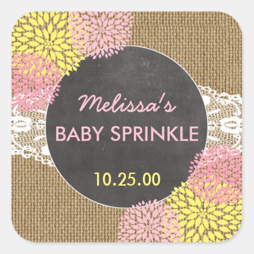 Rustic Chic burlap pink yellow baby sprinkle favor Square Sticker