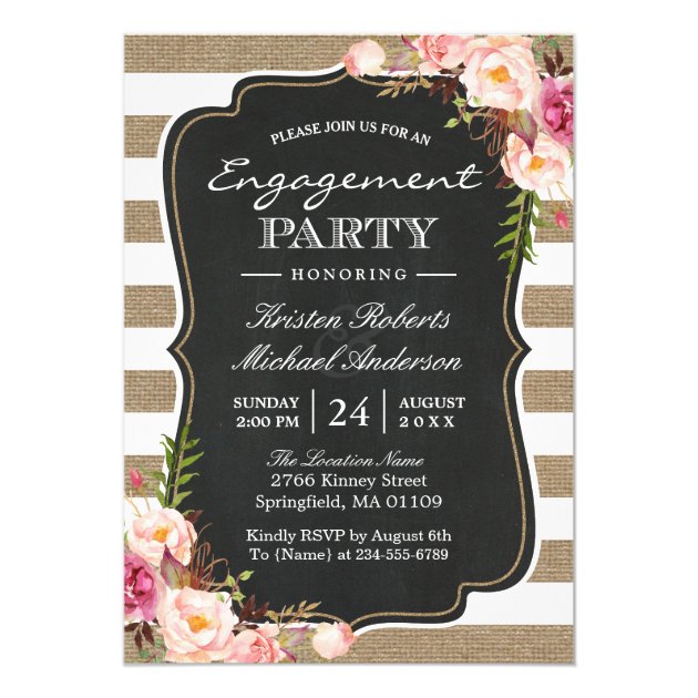 Rustic Chic Burlap Stripes Floral Engagement Party Invitation