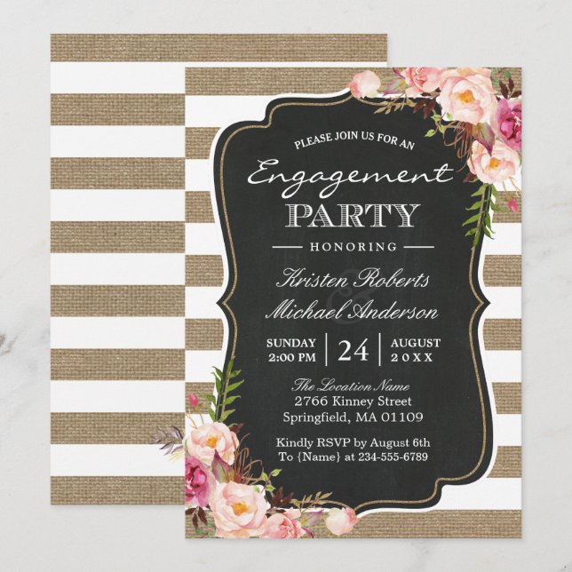 Rustic Chic Burlap Stripes Floral Engagement Party Invitation (Front/Back)