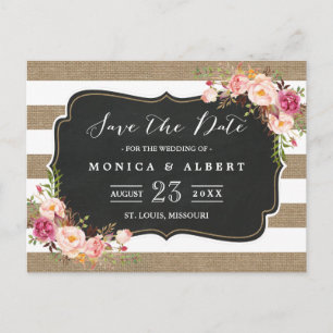 Rustic Chic Burlap Stripes Floral Save the Date Announcement Postcard