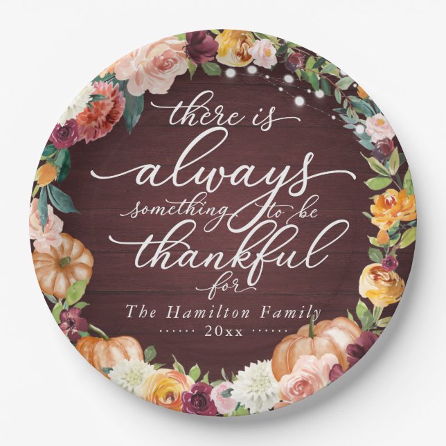 Rustic Chic Calligraphy Floral Thanksgiving Dinner Paper Plates (Front)