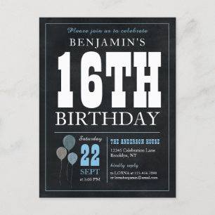 Rustic Chic Chalkboard Blue Balloon 16th Birthday Postcard