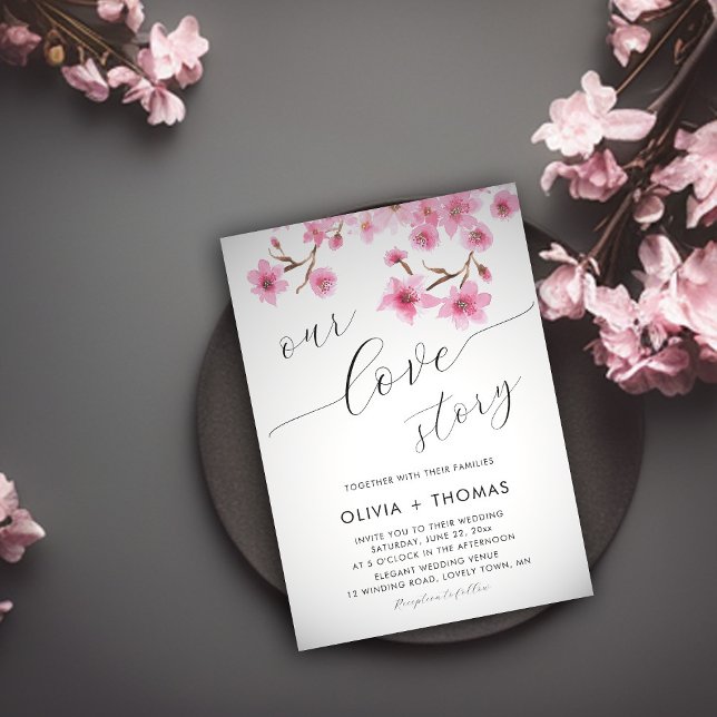 Rustic Chic Cherry Blossoms Our Love Story Wedding Invitation (Creator Uploaded)