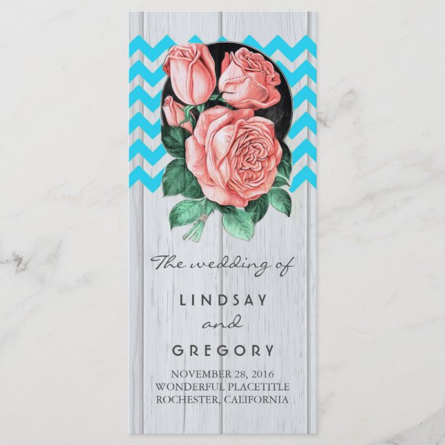rustic chic coral and turquoise wedding programs (Front)