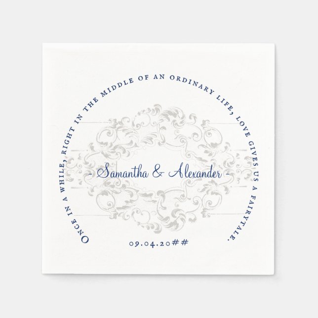 Rustic Chic Crest Ivory Royal Blue Gothic Wedding Napkins (Front)