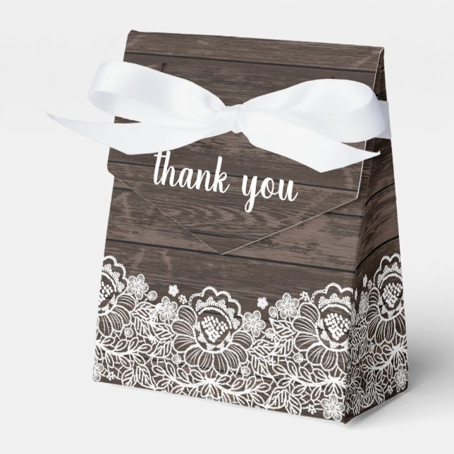 Rustic Chic Dark Brown Wood White Lace Wedding Favor Boxes (Front Side)