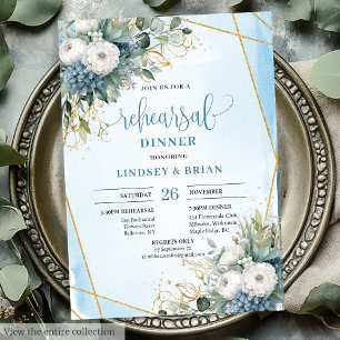 Rustic Chic Dusty Blue Greenery Gold Rehearsal  Invitation