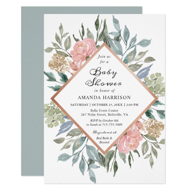 Rustic Chic Dusty Pink Blue Floral Baby Shower Invitation